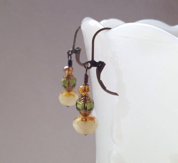 Picasso Czech Glass Earrings with Cathedral Czech Glass Swarovski Crystals Gold and Olive Green Earrings