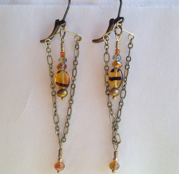 Long Chain Dangle Earrings Brass Gemstone Chandelier Earrings