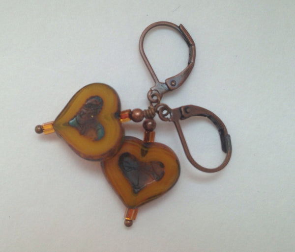 Czech Glass Gold Heart Earrings Small Heart Earrings