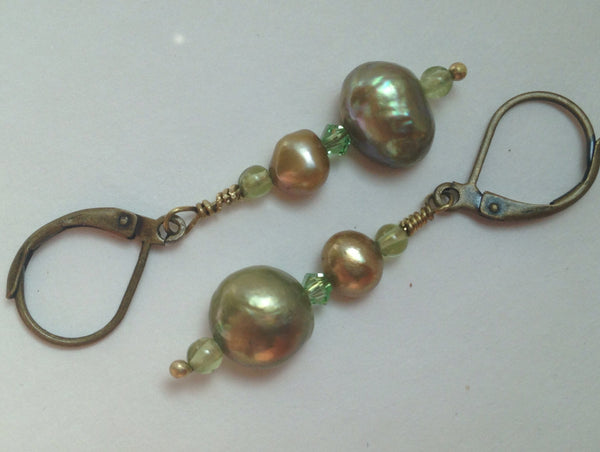 Green Freshwater Pearl Earrings Gold Pearls Swarovski Crystal Peridot Earrings