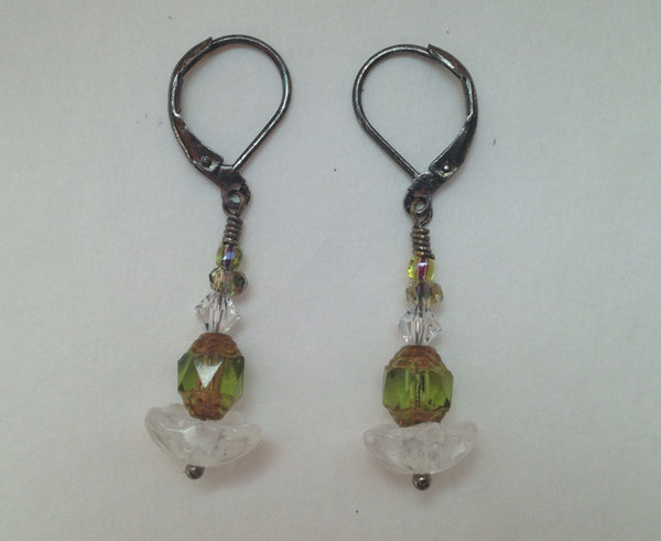 Czech Glass Flower Earrings Clear and Olive Green Czech Glass Swarovski Crystal Earrings