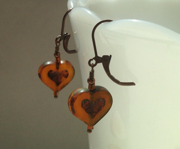 Czech Glass Gold Heart Earrings Small Heart Earrings