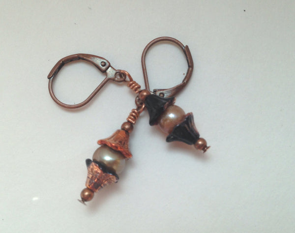 Small Bell Flower Earrings - Black Copper - Czech Glass beads, Flower Cups Freshwater Pearl Earring