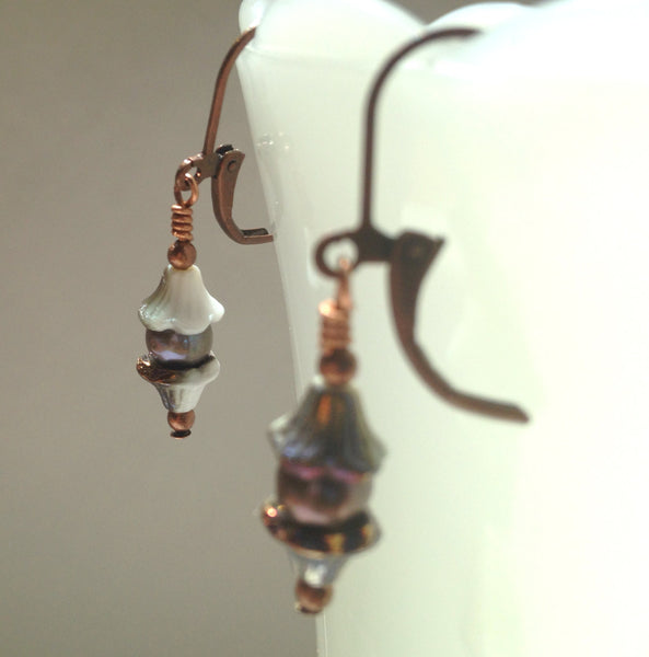 Small Bell Flower Earrings - White Copper - Freshwater Pearl Earrings