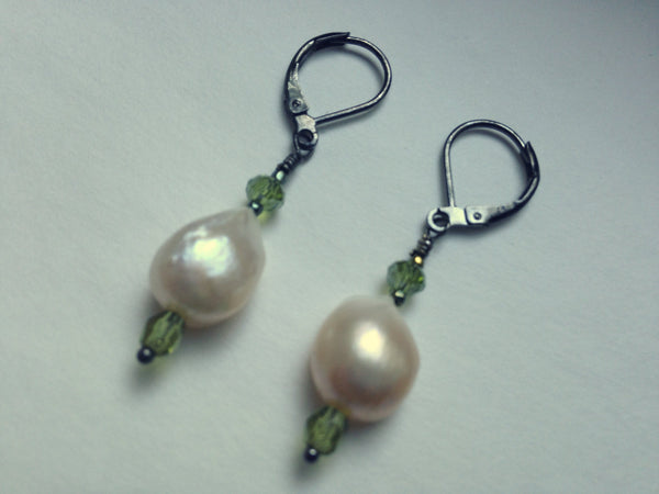 White Freshwater Pearl Earrings with Peridot Swarovski Crystal Earrings