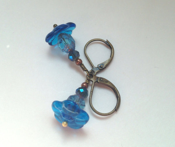 Aqua Blue Czech Glass Flower Earrings Cathedral Czech Glass Earrings