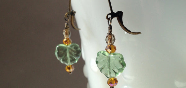 Green Leaf Czech Glass Earrings Golden Swarovski Crystal Earrings