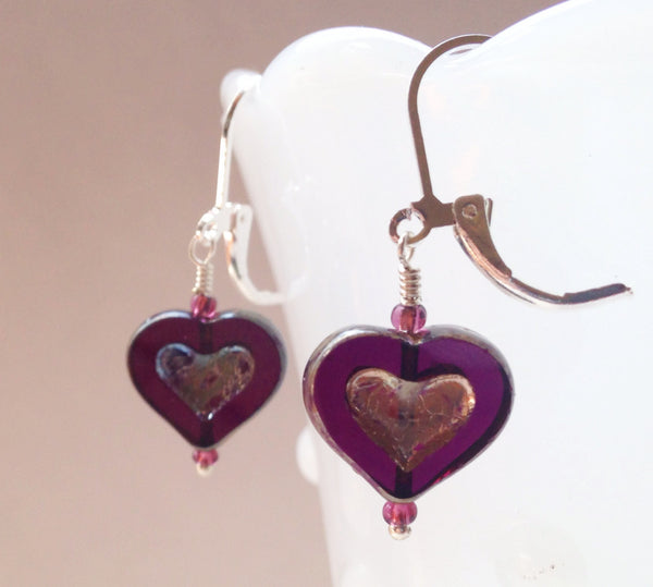 Purple Heart Earrings Czech Glass Swarovski Crystal Earrings