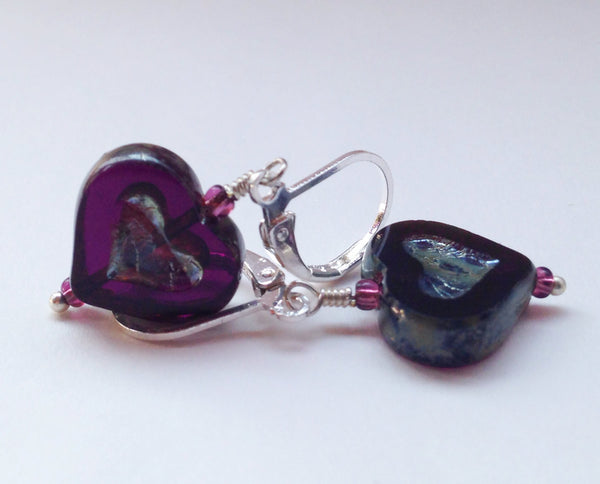 Purple Heart Earrings Czech Glass Swarovski Crystal Earrings