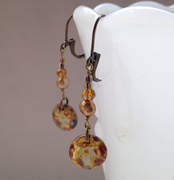 Golden Czech Glass Earrings - Picasso druk Lentil Beads, Brown Luster, Freshwater Pearl and Swarovski Crystal Earrings