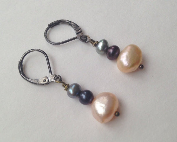 Three Freshwater Pearls Earrings - Cream, Purple, Grey Pearl Earrings