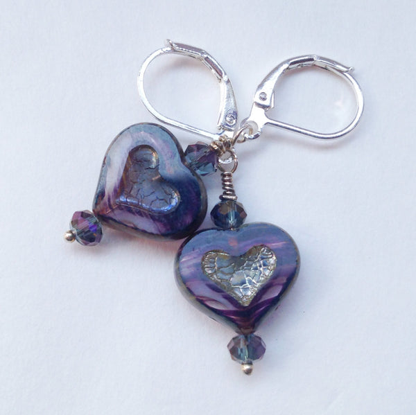 Purple Striped Heart Earrings Czech Glass Swarovski Crystal Earrings