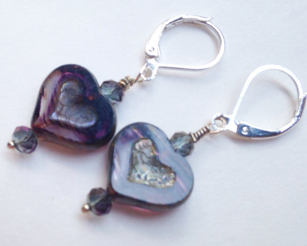 Purple Striped Heart Earrings Czech Glass Swarovski Crystal Earrings