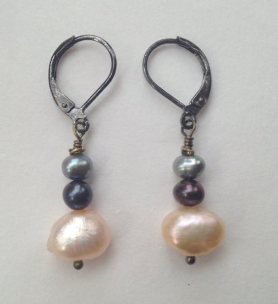 Three Freshwater Pearls Earrings - Cream, Purple, Grey Pearl Earrings