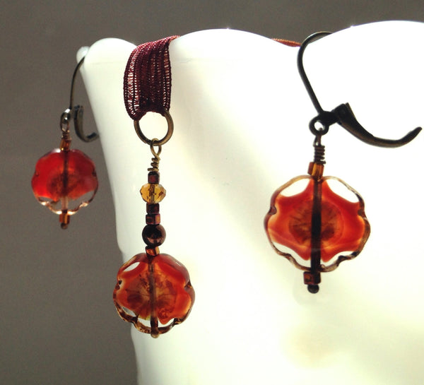 Picasso Czech Glass Earrings Red Pansy Earrings - Necklace Available Too