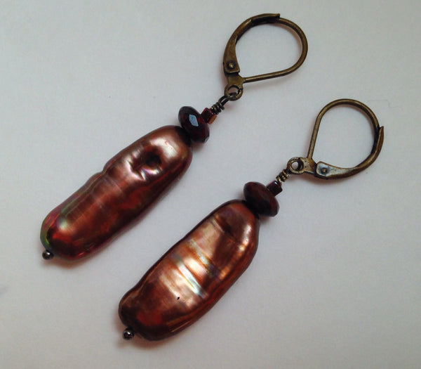 Bronze Biwa Pearl Earrings with Pierced Copper Ear Clips