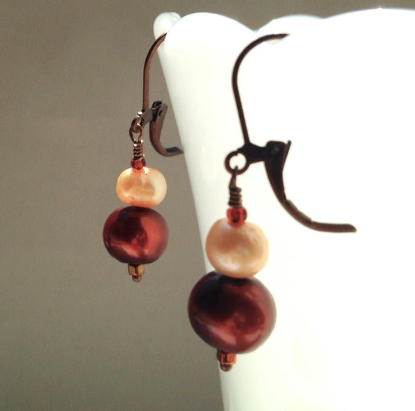 Red Copper Pearl Earrings with Apricot Pearls Small Dangle Earrings