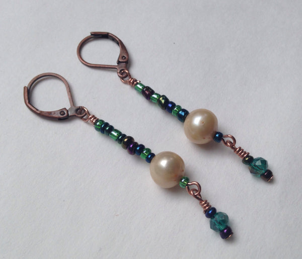 Freshwater Pearl Earrings Swarovski Crystals and Green, Blue, Purple Glass Bead Earrings