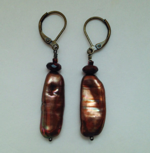 Bronze Biwa Pearl Earrings with Pierced Copper Ear Clips