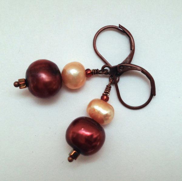 Red Copper Pearl Earrings with Apricot Pearls Small Dangle Earrings