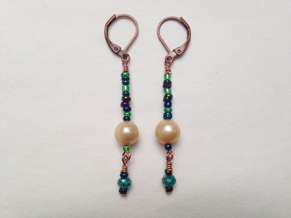 Freshwater Pearl Earrings Swarovski Crystals and Green, Blue, Purple Glass Bead Earrings