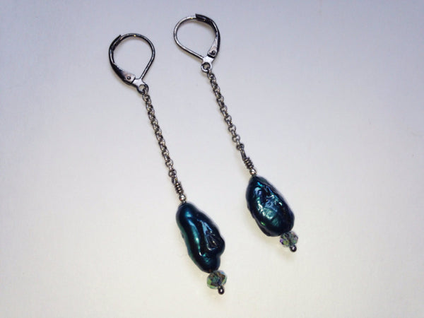 Peacock Biwa Pearl Earrings on Silver Chain and Swarovski Crystal Earrings