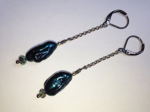 Peacock Biwa Pearl Earrings on Silver Chain and Swarovski Crystal Earrings
