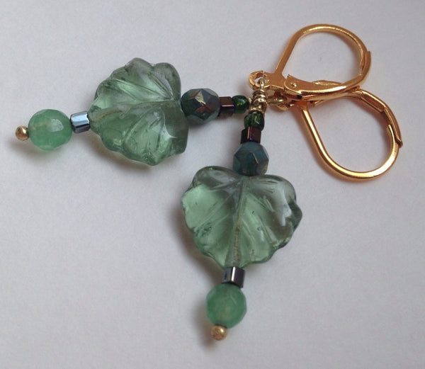 Czech Glass Green Leaf Earrings Swarovski Crystals