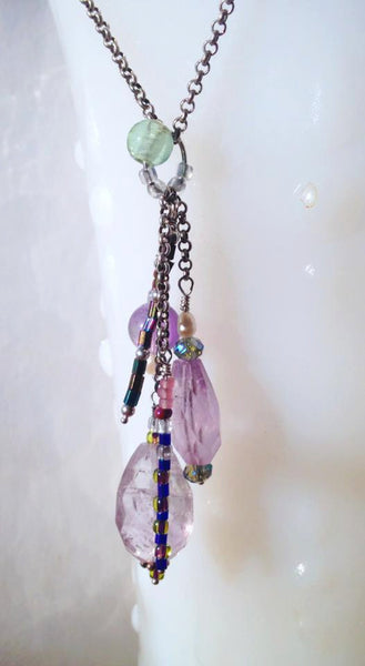 Faceted Amethyst Pendant with Peridot, Pearl, Swarovski Crystals and Glass Bead Pendant