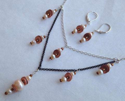 Freshwater Pearl Copper Disc Dangle Necklace and Earrings Double Sterling and Copper Chain Necklace and Earrings