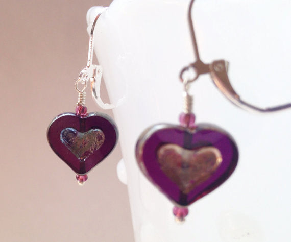 Red Heart Czech Glass Earrings in Blue, Gold, Pink, Deep Purple and Amber Picasso Czech Glass Heart Earrings