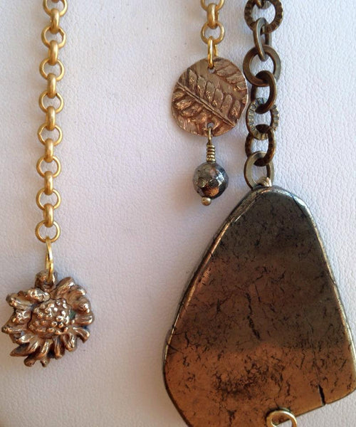 Pyrite, Brass, 14K Gold-Filled Infinity Ring, Handmade Bronze Daisy and Baby Fern Charm Adjustable Neckpiece